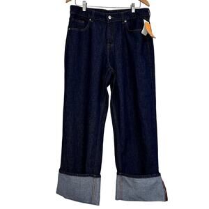 NWT H&M Baggy Wide Leg Cuffed Jeans Dark Wash New Undistressed Denim size 8